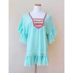 Debbie Katz blue cotton pom pom ruffle swim cover-up